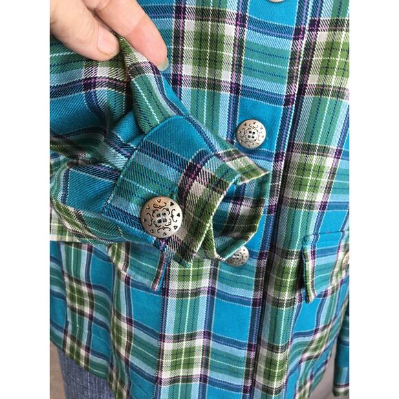 Southern‎ Lady Top Shacket Womens 8 Flannel Button Down Teal Blue & Green Plaid - Picture 13 of 15